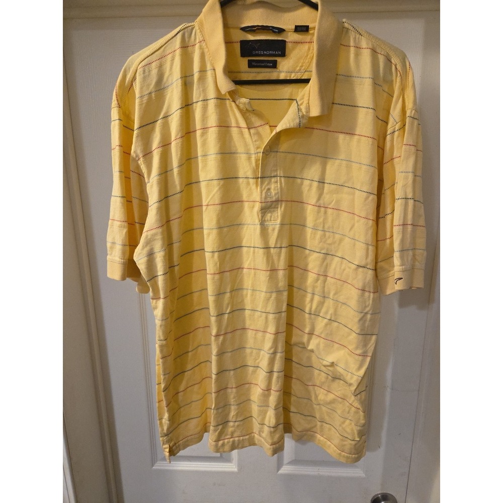 Greg Norman Men's Size Large Short Sleeve Golf Polo Shirt Striped Yellow / Blue